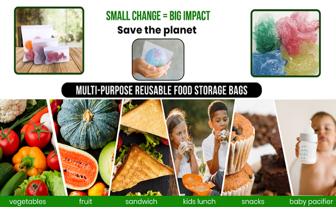 PEVA, 실리콘, 재활용 저장 재밀봉할 수 있는 냉장고 식품백, 누출 내구성 지플록식 밀폐된 점심 용기 6